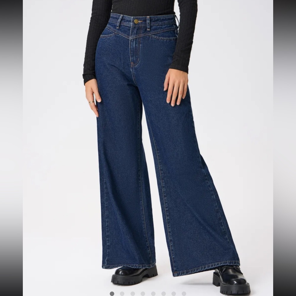 High waist solid pockets wide leg jeans
